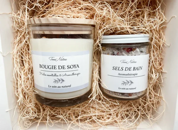 boîte cadeau, sel de bain et bougie